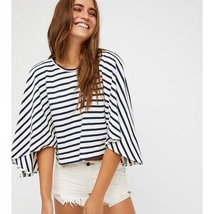 Free People Beach Full Moon Blue White Stripe Crop Pullover Top NWT Size XS